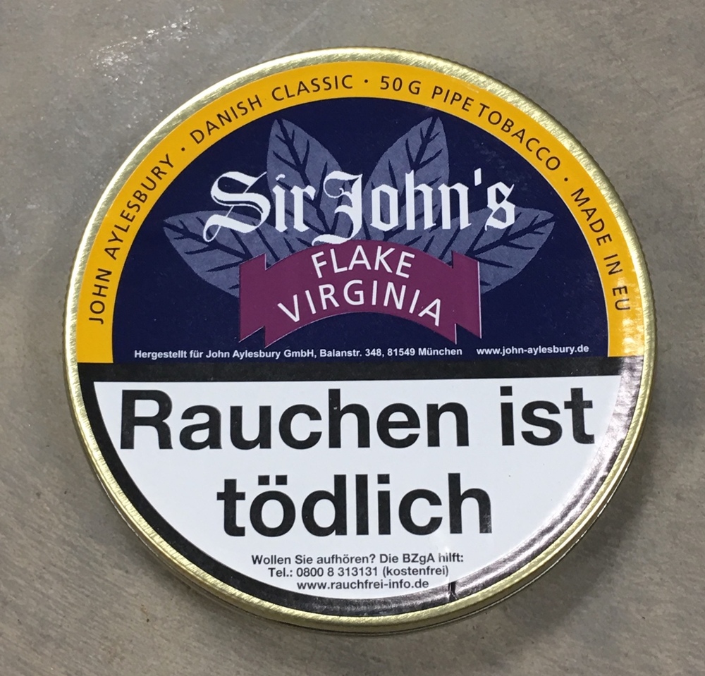 John Aylesbury Sir John's Flake Virginia 50g Tin - Boswell Pipes