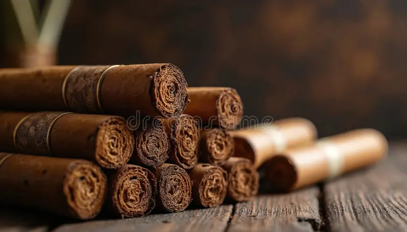 Hand Rolled Cigars Stacked on Wooden Table. Premium Tobacco Products ...